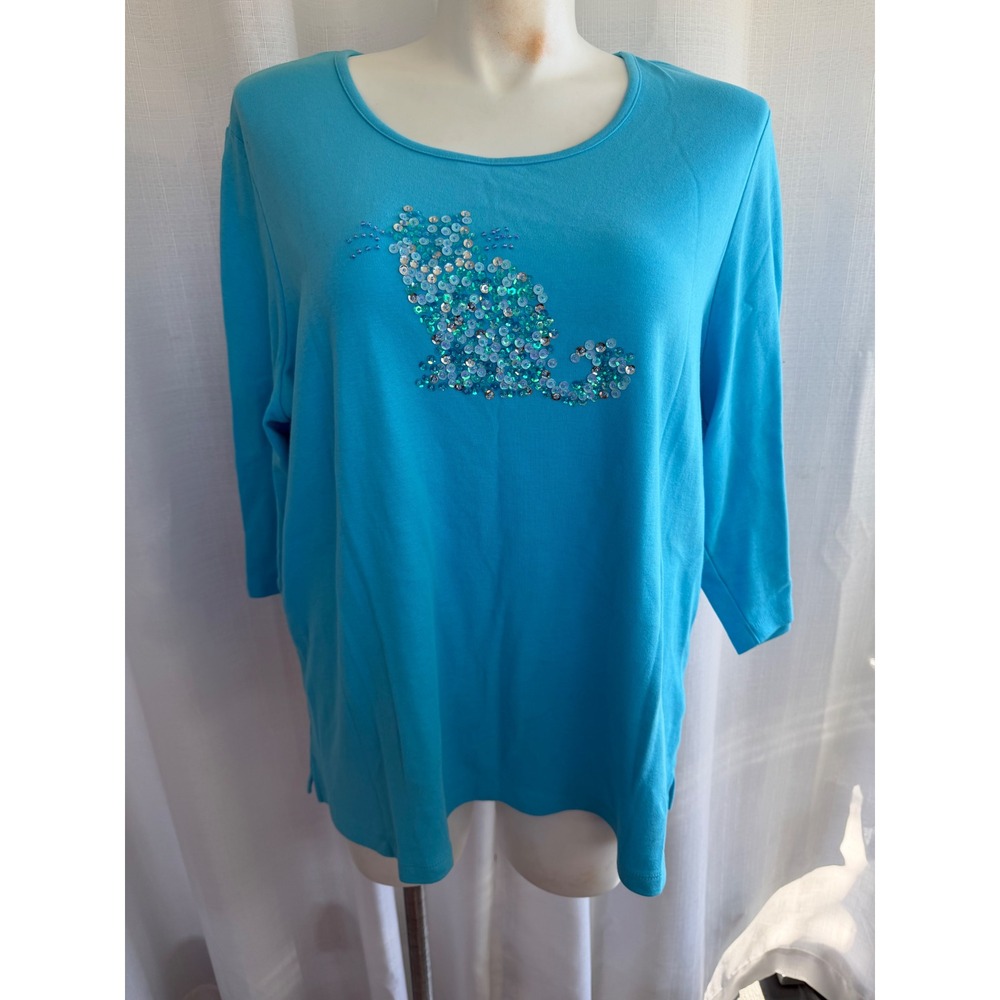 Quacker Factory Sequin‎ Cat Shirt Size 2X Turquoise Blue Cat Lover Top